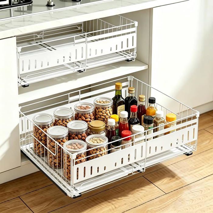 Lot de 2 Tiroir Coulissant pour CuisineTiroir Télescopique avec Tapis de Tiroir inclusLargeur Régble 2 Pièces Bnc