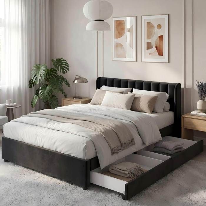WOVREO Lit 140 x 200 cm en velours noir avec sommier à lattes et 2 tiroirs