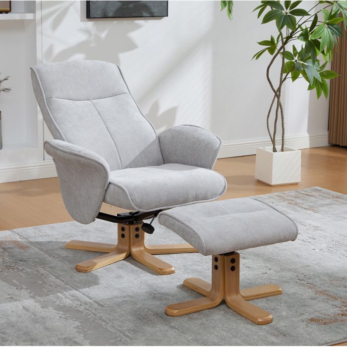Fauteuil relax pivotant scandinave gris avec repose-pieds tissu chenille dossier inclinable 145°