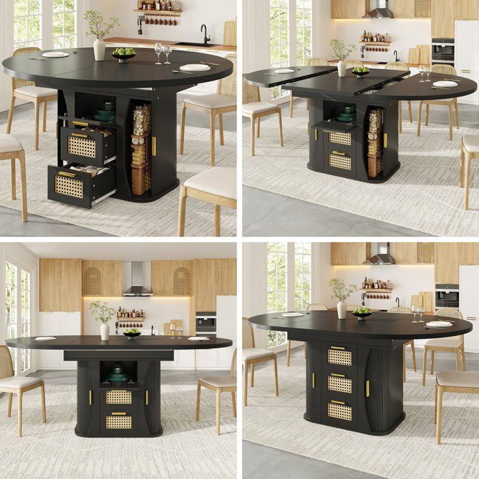 Table à manger extensible ronde 118-158x118x77cm Table à manger télescopique ovale 6 personnes avec rangement - noir
