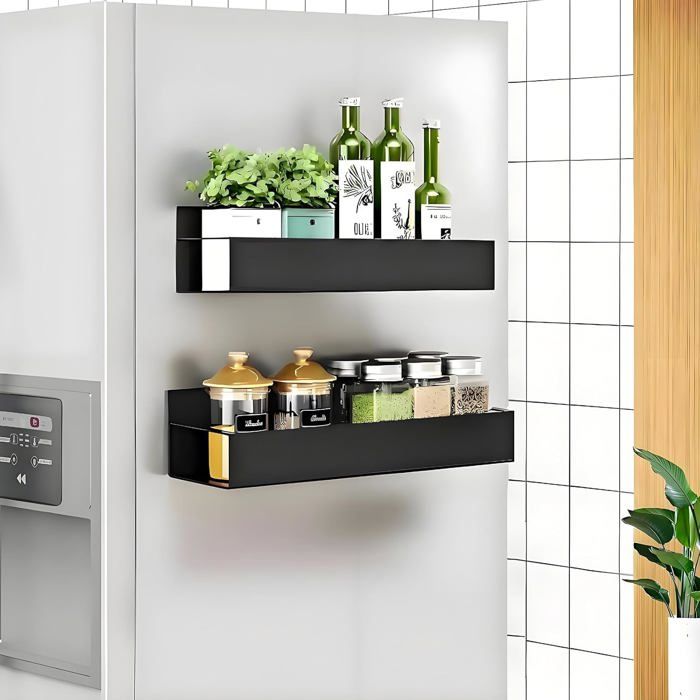 Étagère Magnétique Frigo Lot de 2Etagere Aimantée Frigo avec 4 Crochets Porte Épices Magnetique Support Range Épices Aimanté Métal