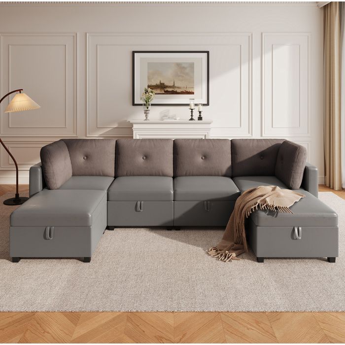 WUVRIE Canape modulable en U 6 modules avec rangement velours et velours cotele gris antique