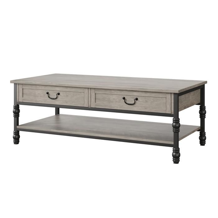 Table basse 41 po gris rustique 2 tiroirs étagère rangement pieds métal grande table rectangulaire salon bureau