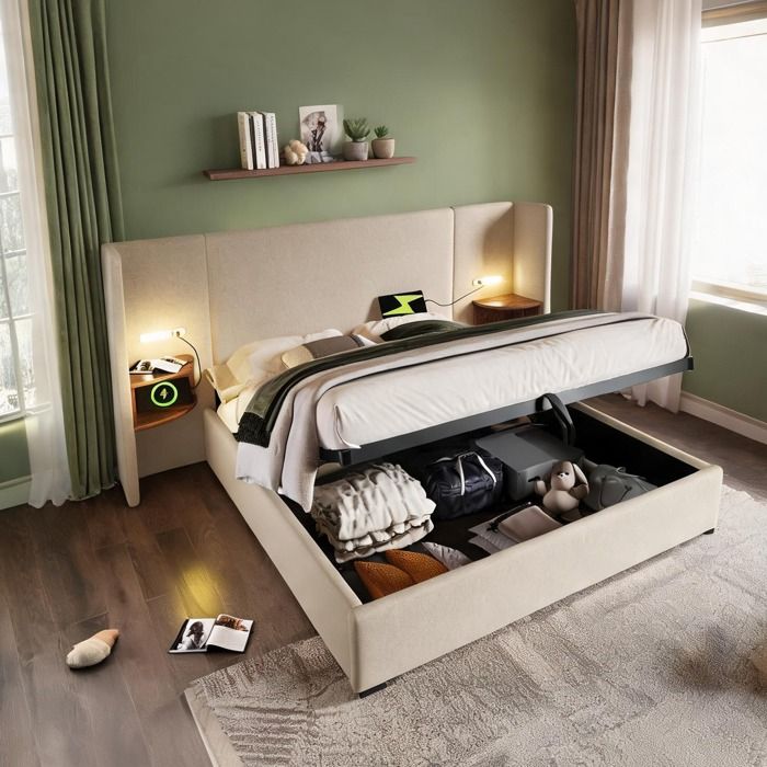 Grand lit 180x200 cm beige-toned en lin avec rangement hydraulique chevet et lampes USB-C