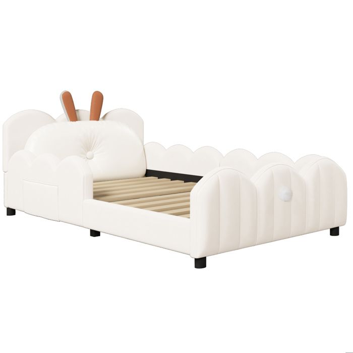 Lit plateforme enfant capitonne 90 x 200 cm – Beige – avec garde-corps et coussin oreilles de lapin