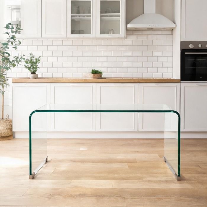 Table basse rectangulaire monobloc en verre trempé transparent design contemporain bords arrondis 80 x 45 x 35 cm