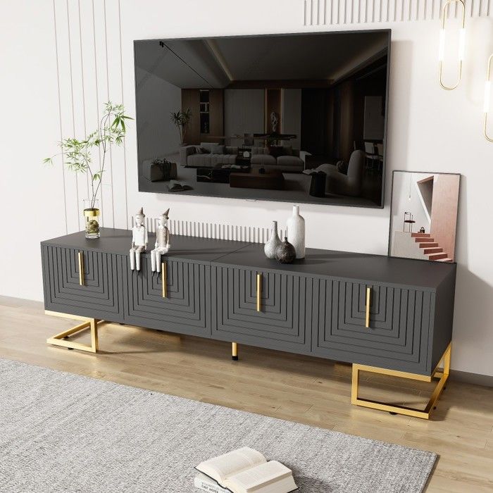 Meuble TV Portes Texturées-Poignées Dorées-Finition Gris Anthracite-Moderne-170x40x45.5cm-Rangement Salon
