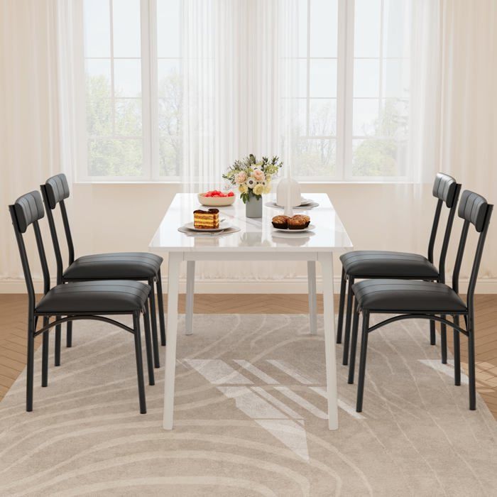 Lot de 4 Chaises Design Noir : Dossier Incurvé Assise Rembourrée Cuir PU & Structure Acier 140kg - Élégantes et Robustes