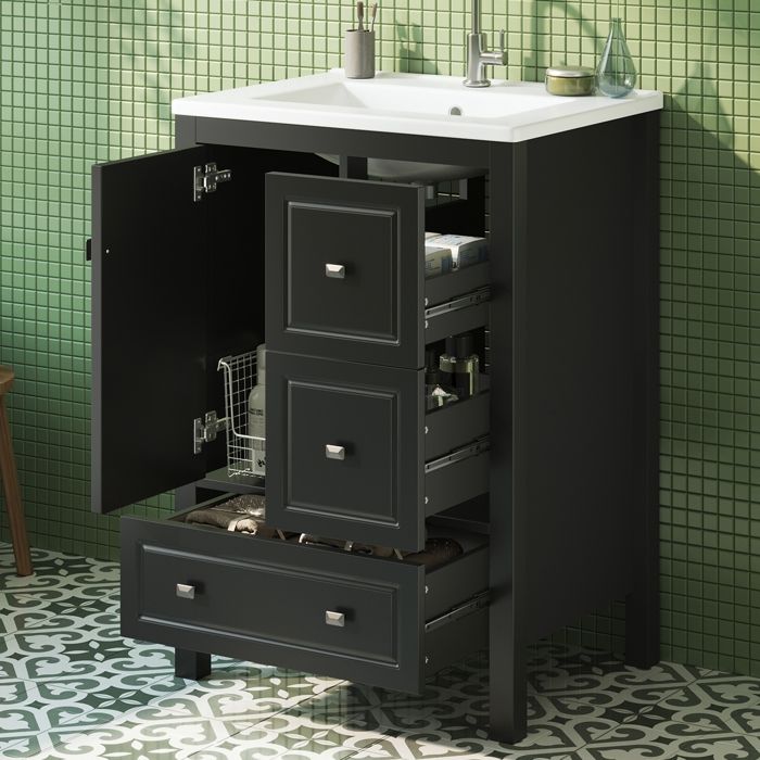 Armoire de Salle de Bains avec lavabo 62x47x90cm-Meuble sous lavabo Salle de Bain avec étagères de Porte-Trois tiroirs -Noir