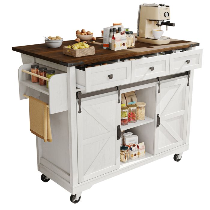 Îlot central de cuisine – chariot de service beige – tablette extensible 2 portes coulissantes 3 tiroirs roulettes