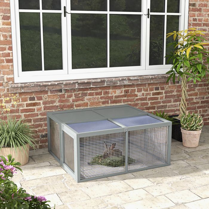 Clapier pliable pour lapin nain et cobaye avec enclos toit ouvrant gris bois 110 x 105 x 50 cm JOINERY