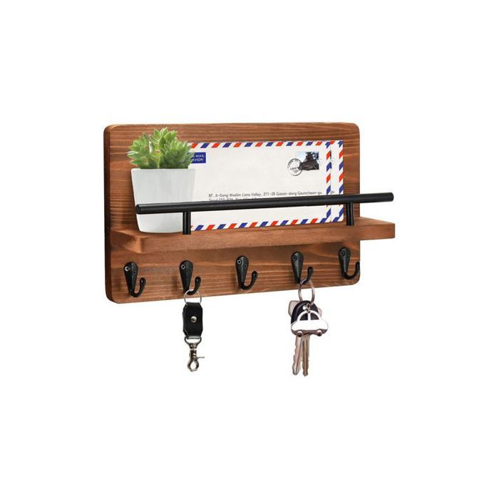 Porte-clés mural en bois avec étagère flottante – 5 crochets décoratifs pour clés et courrier – Design rustique pour entr