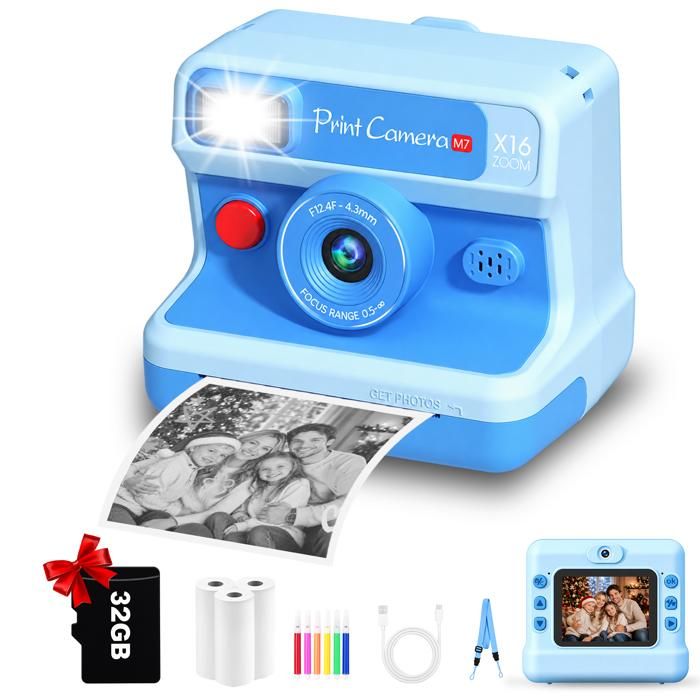 AIMIUVEI Appareil Photo Enfant Impression Instantanée Modes selfie et vidéo Carte 32 Go Jeux/Musique Jouet Fille Garçon 3-8 Ans