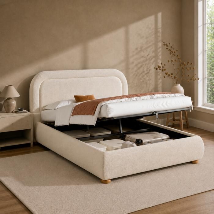 Luscriate - Lit coffre 140x190 cm Lit capitonné Lit double avec rangement hydraulique tête rembourrée et sommier - Bouclé - Beige