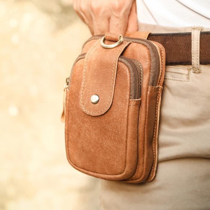 Sac Bandoulière Homme Pour Smartphone - Sac Ceinture Téléphone Portable Marron Avec Poches