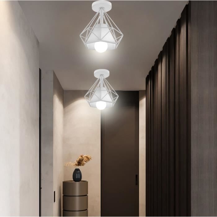 MOGOD 2Pcs Plafonnier Cage en Fer Blanc 20*22cm Lampe forme Diamant design Moderne