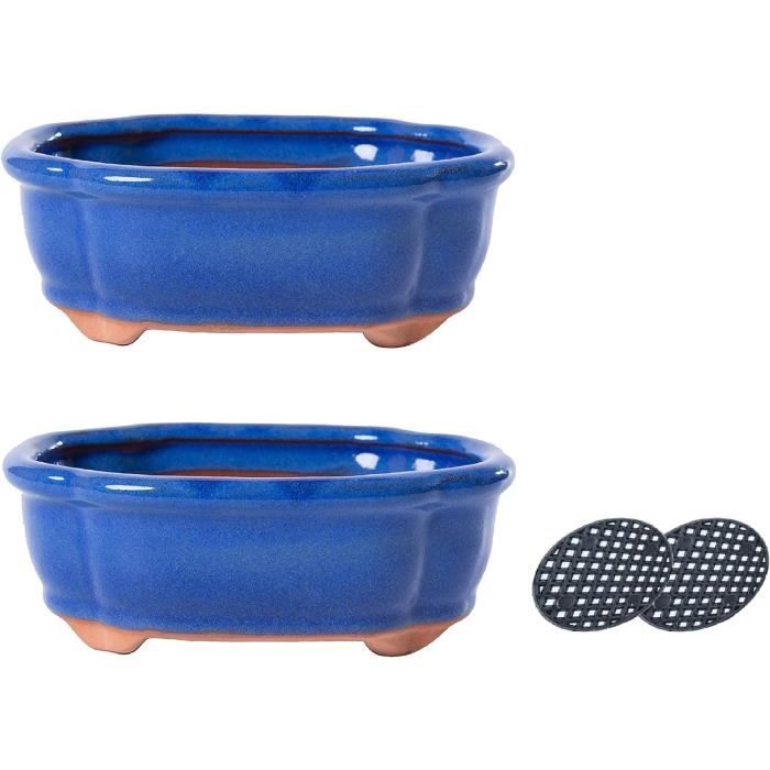 Pot à Bonsai rectangle émaillé bleu 14cm