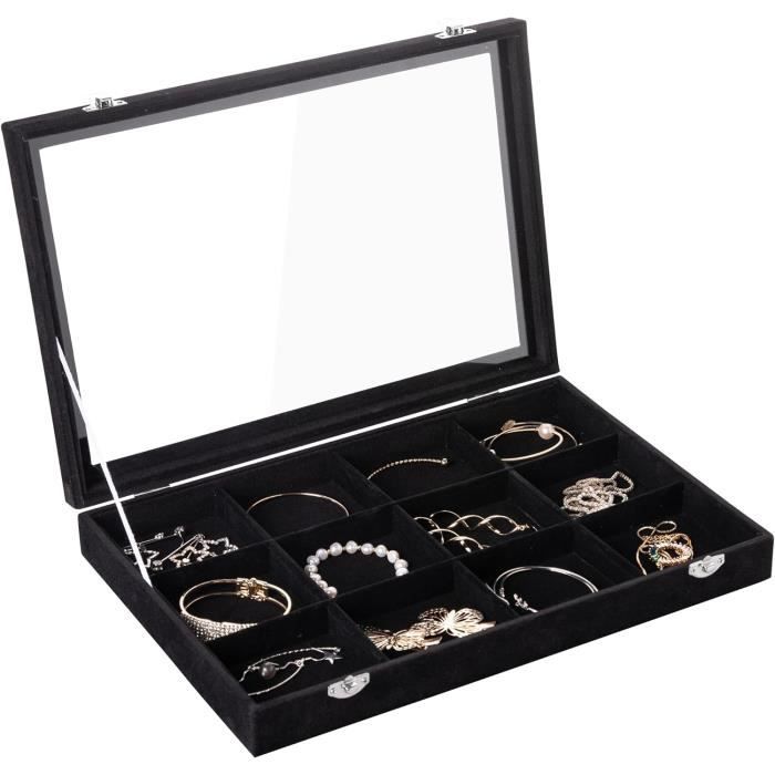 Novadeal Boîte de rangement à bijoux 24 compartiments en velours PU multifonctionnel - Plateau de présentoir pour bagues/boucles d'oreilles/ colliers - Gris Novadeal Boîte de rangement à bijoux 24 compartiments en velours PU multifonctionnel - Plateau de présentoir pour bagues/boucles d'oreilles/ colliers - Gris