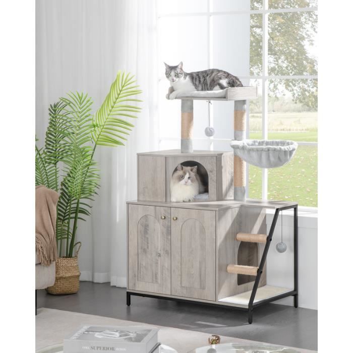 Bac à Litière pour Chat avec Arbre à Chat, Maison pour Chat, 4 en 1 avec Grande Plateforme, Poteaux, Coussins Lavables, Grège