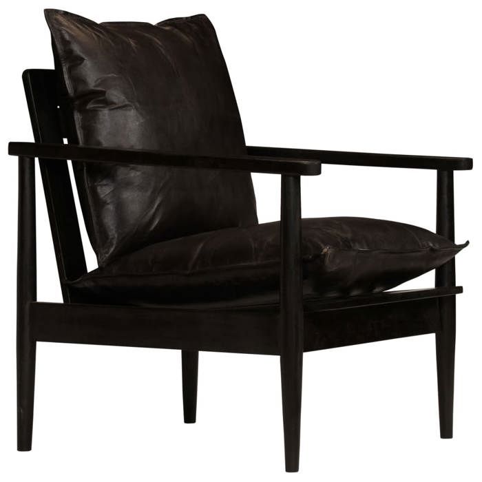 Fauteuil chaise siege lounge design club sofa salon cuir veritable avec bois d acacia noir