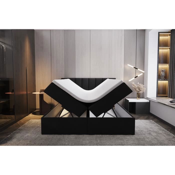 Lit adulte 180x200 cm PALERMO - avec matelas ressorts intégrés rangement et surmatelas - tissu velours – noir Lit adulte 180x200 cm PALERMO - avec matelas ressorts intégrés rangement et surmatelas - tissu velours – noir