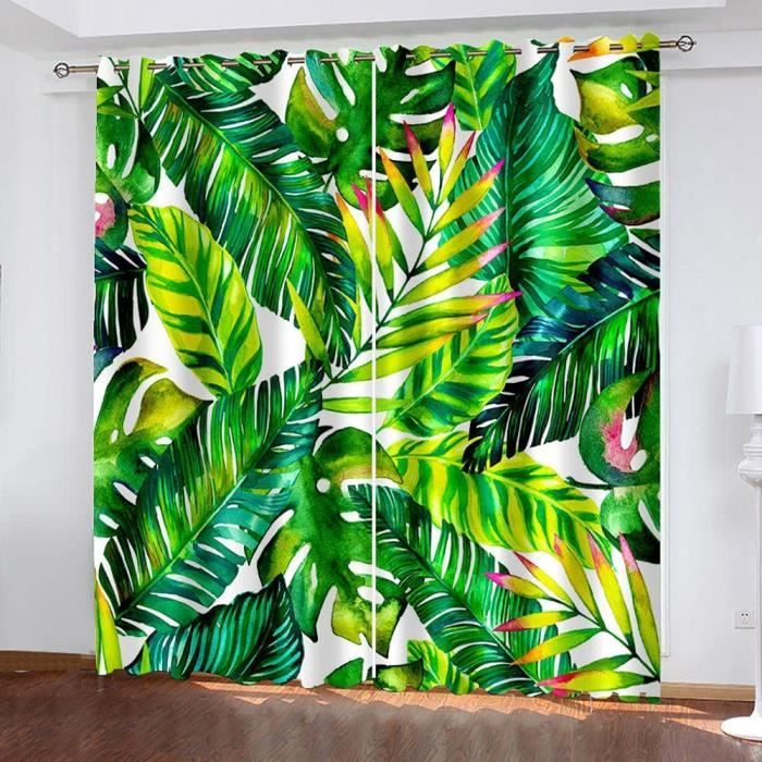 Lot De 2 Rideaux Occultants Motif Eucalyptus Vert - 140x200 Cm Chacun - Isolation Thermique Et Phonique