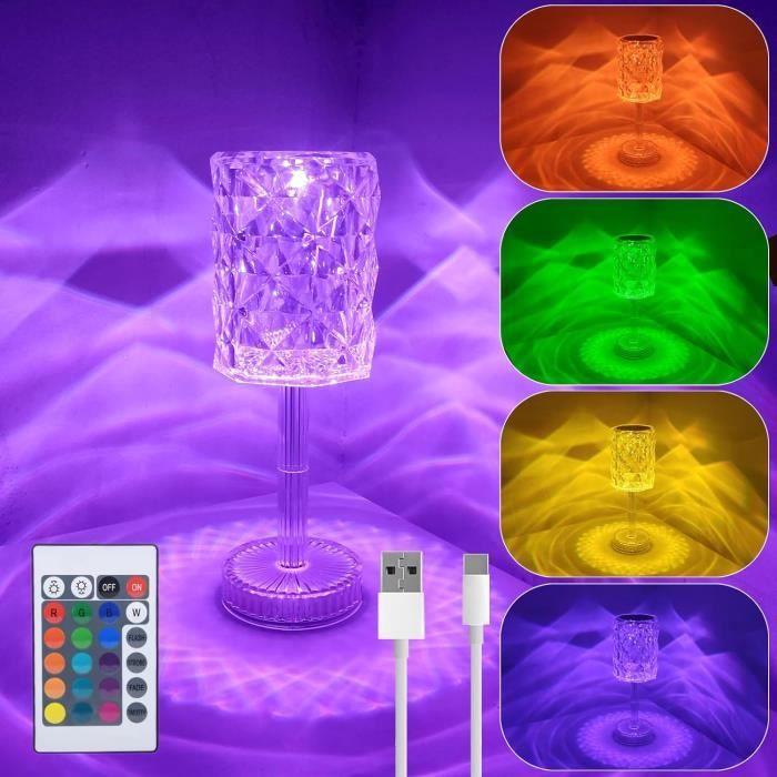 Lampe De Chevet Sans Fil Tactile - Cristal, 3 Modes Lumineux, Rechargeable USB-C, 300 Lm | Pour Chambre, Bureau, Camping