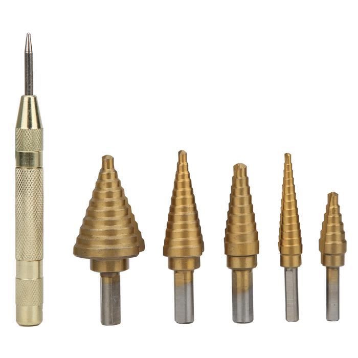 Kit De 6 Forets étagés HSS Genossen - Forets Coniques Titane (4-12mm, 3-13mm, 4-20mm, 4-32mm, 5-35mm) + Poinçon Central 13cm - Pour Métaux, Bois, Plastique