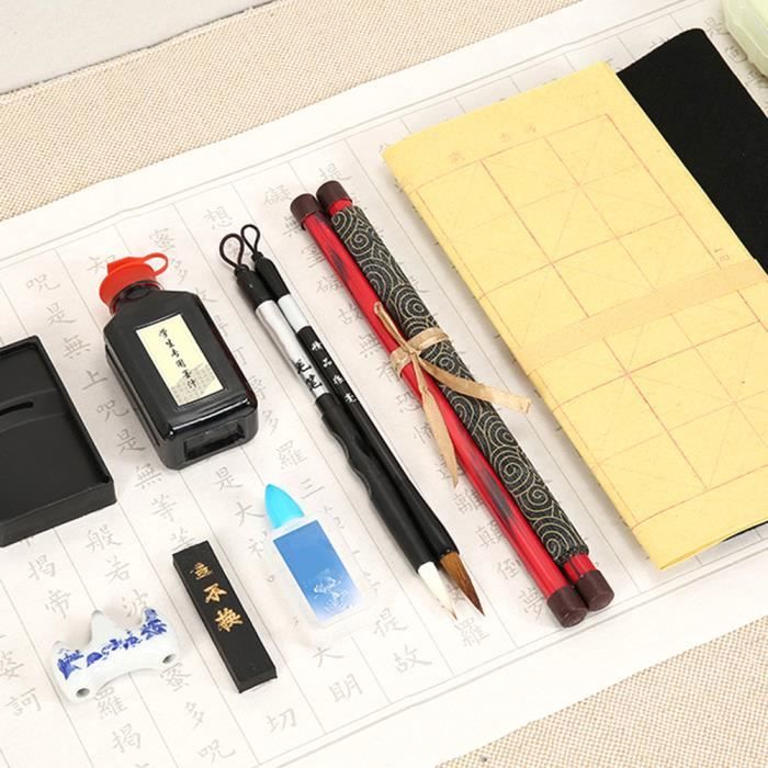 Kit Calligraphie Chinoise Traditionnelle - 11 Pièces : Pinceaux, Pierre à Encre, Tampon, Etc. + 35 Feuilles De Pratique - Pour Débutants