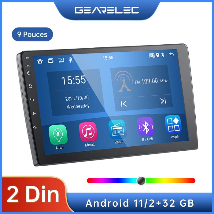 GEARELEC Autoradio 9 Pouces Android 11 IPS 2.5D Écran avec Navigation GPS/Bluetooth/Wifi/25 Options Thème