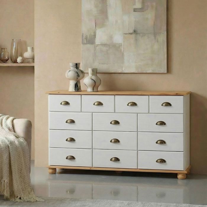 Commode COLMAR chiffonnier apothicaire rangement avec 11 tiroirs en pin massif lasuré blanc et brun Commode COLMAR chiffonnier apothicaire rangement avec 11 tiroirs en pin massif lasuré blanc et brun