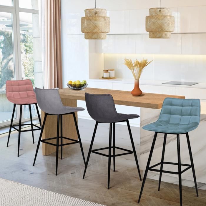 IDMARKET Lot de 4 tabourets de bar MADY en velours mix color pastel bleu gris clair gris foncé rose IDMARKET Lot de 4 tabourets de bar MADY en velours mix color pastel bleu gris clair gris foncé rose