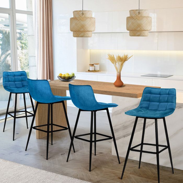 IDMARKET Lot de 4 tabourets de bar MADY en velours bleu