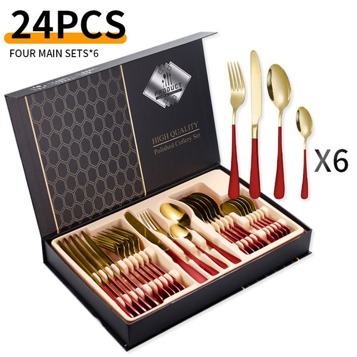 Ménagère 24 pièces Rouge Or avez boîte-cadeau Ensemble de Couverts pour 6 Personnes
