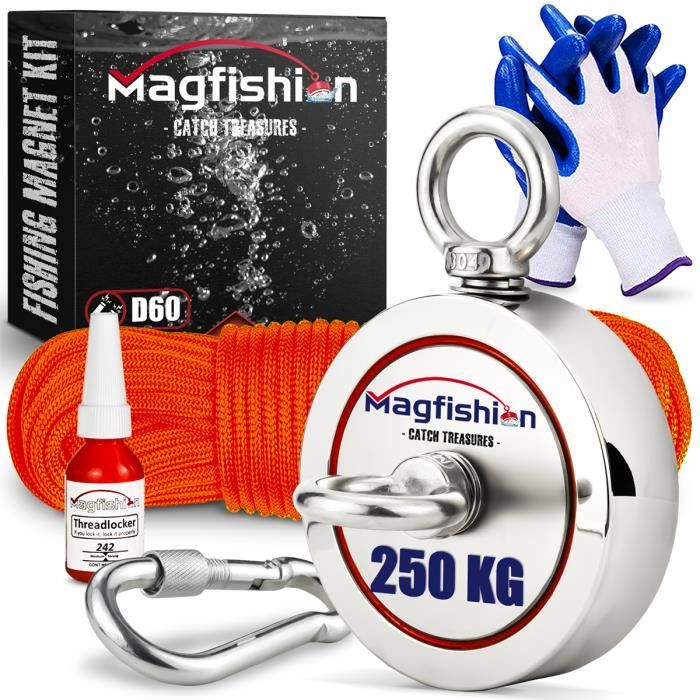 Magfishion Set Double Face Aimant de Pêche Puissant - Traction 2x 125 kg - Aimant Néodyme - Avec Corde de 20m et mousqueton - Ø60mm