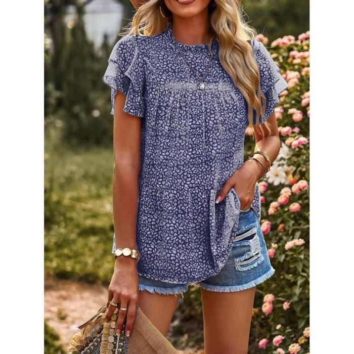 T-shirt Femme 2025 Mince Décontracté Col Rond Imprimé Paillettes - Haut Confortable Bleu Manches Courtes
