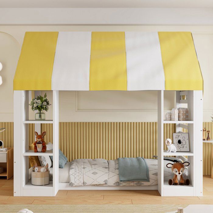 Lit Cabane Enfant 90x200 Maisonnette Enfant Blanc Étagères De Rangement Latérales Sommier À Lattes Barrières De Sécurité Anti‑Chute