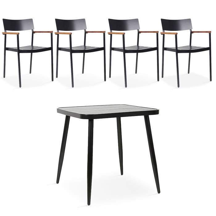 ensemble table de jardin et 4 fauteuils en aluminium/bois noir