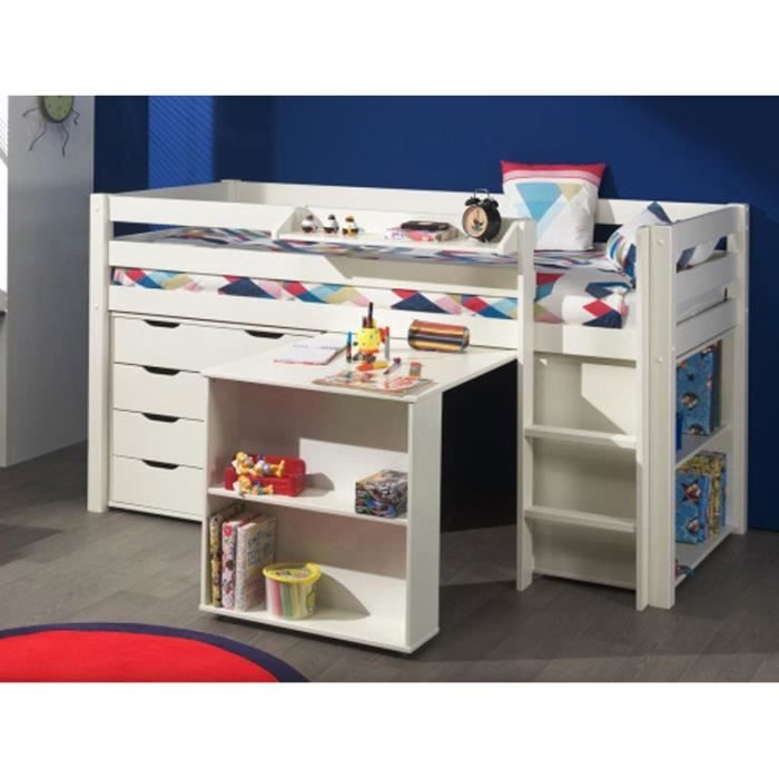 lit enfant combiné blanc - paris prix - pino ii - avec bureau, bibliothèque et commode - bois massif - 90x200 cm