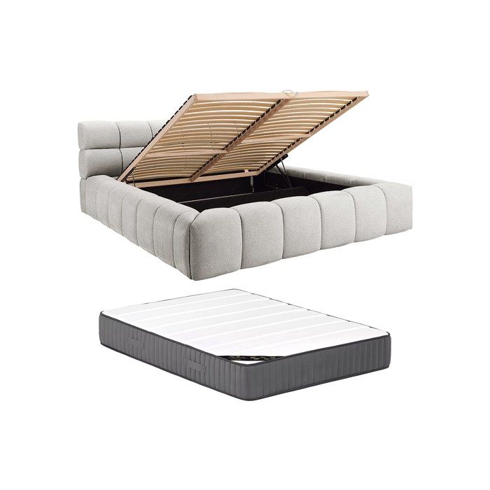 Lit coffre 160 x 200 cm - Tissu - Gris clair + Matelas - FORVIK Lit coffre 160 x 200 cm - Tissu - Gris clair + Matelas - FORVIK