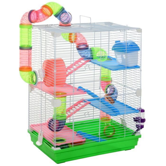 Cage pour hamster - PawHut - gerbille 5 étages habitat sécurisé tunnels roue maison échelles - métal - 46x30x58cm - vert