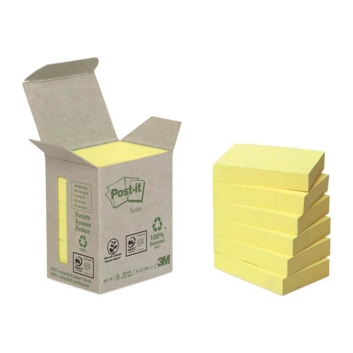 Notes repositionnables jaunes recyclées Post-It 38 x 51 mm - en tour distributrice - bloc de 100 feuilles - Lot de 6