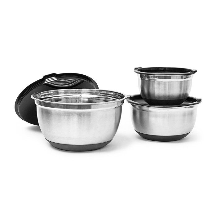 Lot De 3 Bols Mélangeurs Avec Couvercles 5L - Plastique Sans BPA - Fabriqué En UE - Gris Clair