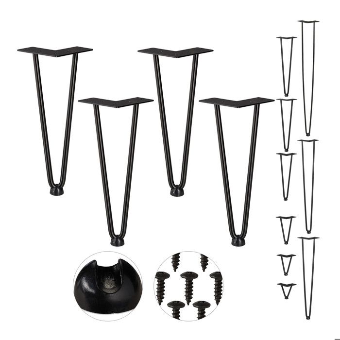 Relaxdays Pieds en épingle à cheveux jeu de 4 2 entretoises en métal tabourets table et armoire 30 cm noir