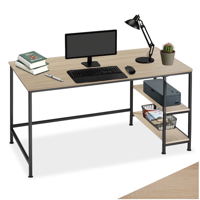 Bureau - TECTAKE - Table de bureau CANTON au style industriel en bois et acier avec 2 étages 120 x 60 x 755 cm - Marron clair