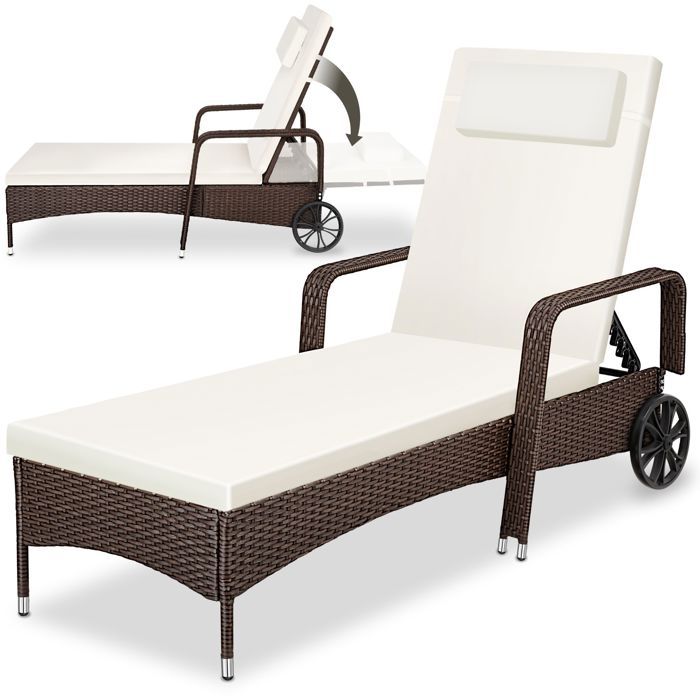 Bain de soleil - TECTAKE - Bain de soleil en rotin KALAMATA à roulettes coussin dossier réglable 200 x 70 x 33 cm - Marron marbré