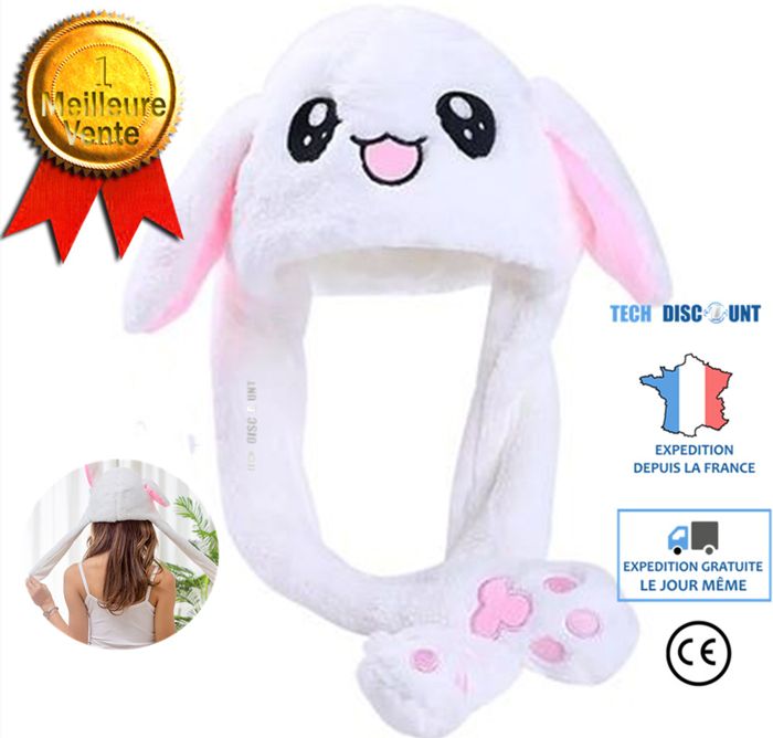 Bonnet Lapin Peluche Avec Oreilles Mobiles Et LED - Blanc - Pour Adultes Et Enfants - Cosplay, Fête, Noël