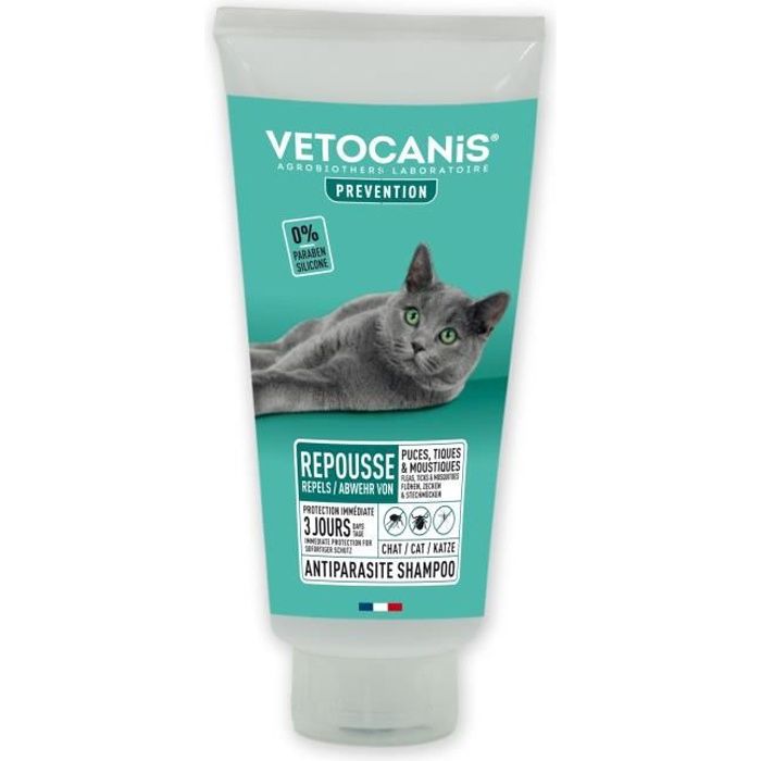 vetocanis shampoing anti-puces et tiques pour chat 0% paraben et silicone 300ml