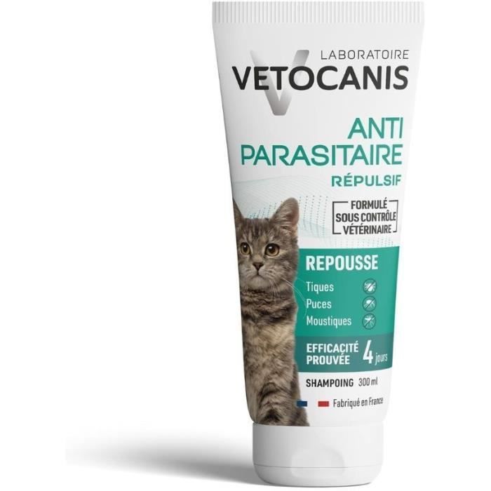 vetocanis shampoing anti-puces et tiques pour chat 0% paraben et silicone 300ml