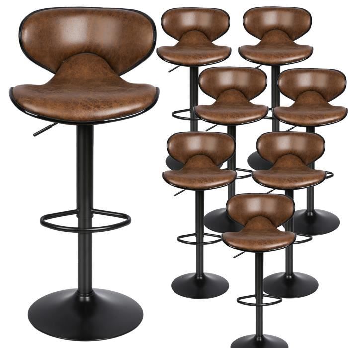Lot de 8 Tabourets de bar avec dossier pivotants et réglables en hauteur en cuir PU marron - WILLONIN